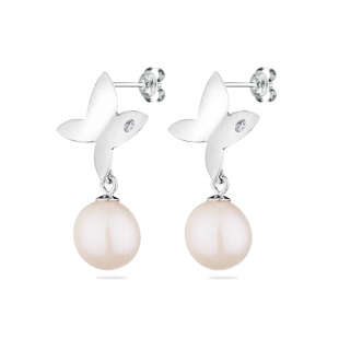 Silver Earrings with white natural pearls GE012 Swan