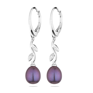 Silver earrings with freshwater black pearls and zirconia CAA002B Swan