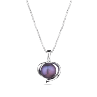 Silver heart shape necklace with natural black pearl and zirons SP0019B Swan