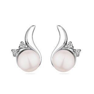 Silver Earrings with natural white pearls and zircons IE0323W Swan