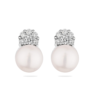 Silver Earrings with natural white pearls and zircons CAA026E Swan