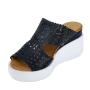 Women's blue leather sandals with perforation on white platforms