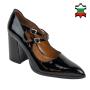 Women's black elegant patent leather mid heels shoes with straps