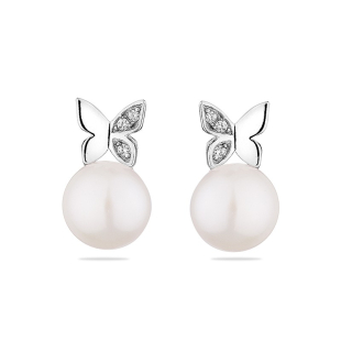 Silver Earrings with natural white pearls and zircons CAA087EW Swan