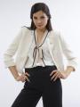 Women's jacquard jacket in ecru color with brooch 42001-250