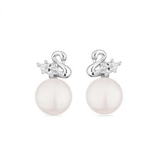 Silver Earrings with natural white pearls and zircons CAA088EW Swan