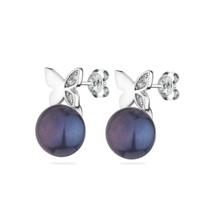 Silver Earrings with natural black pearls and zircons CAA087EB Swan