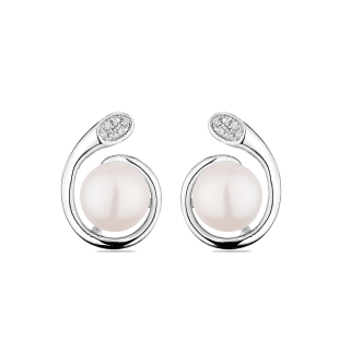 Silver Earrings with natural white pearls and zircons CAA089EW Swan