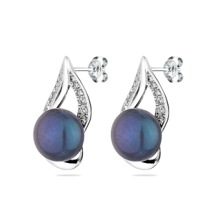 Silver Earrings with natural black pearls and zircons E9095P Swan