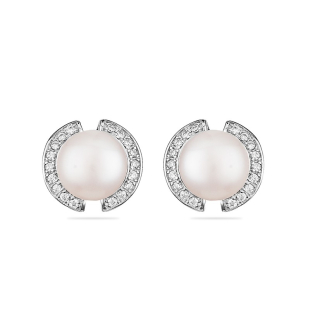 Silver Earrings with natural white pearls and zircons CAA082EW Swan