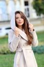 Women's light beige coat with hood and belt 12303-903