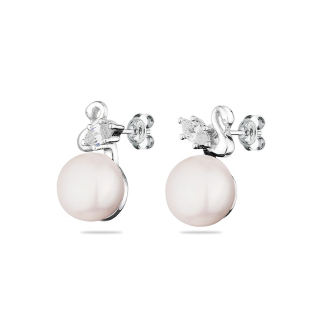 Silver Earrings with natural white pearls and zircons CAA088EW Swan