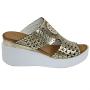 Women's gold leather sandals with perforation on white platforms