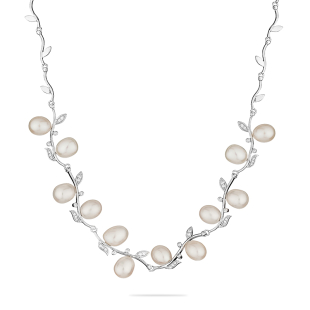 Silver necklace with freshwater white pearls and zirconium petals CAA003 Swan