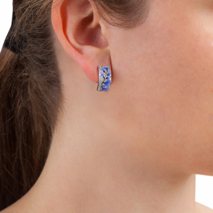 Silver earrings with hand-painted blue flowers and zirconium PJ547E Swan