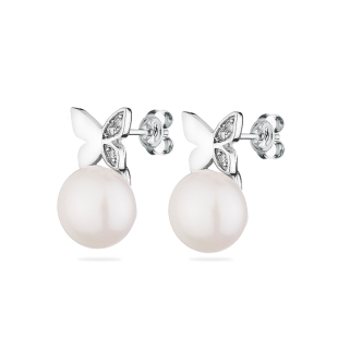 Silver Earrings with natural white pearls and zircons CAA087EW Swan