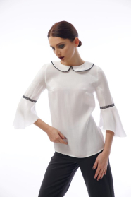 Women's white blouse with black lace and collar 82018-101