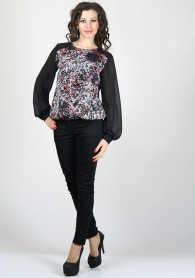 Black chiffon top with colourful dots front  and black trousersRUMENA