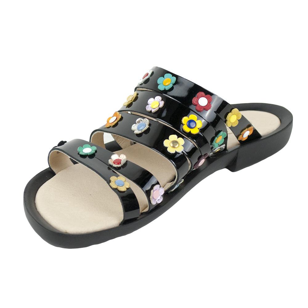 Women's black patent leather flipflops decorated with flowers Ladies