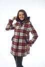 Women's coat with a hood made of red checkered fabric Radesk