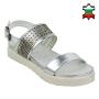 Women's silver leather sandals with perforation on flat heels