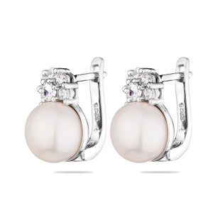 Silver Earrings with natural white pearls and zircons CAA026E Swan