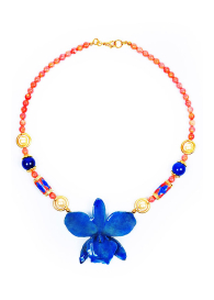 Колие с естествена орхидея, корали, перли, ахат, мъниста клоазоне Rea Blue Dannyra Jewels