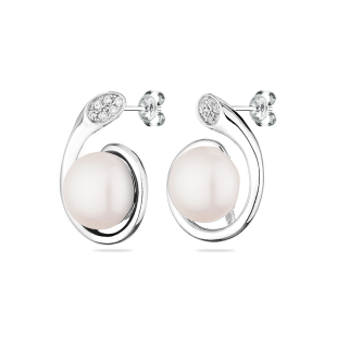 Silver Earrings with natural white pearls and zircons CAA089EW Swan