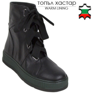 Women's black leather boots with textile ties 20426