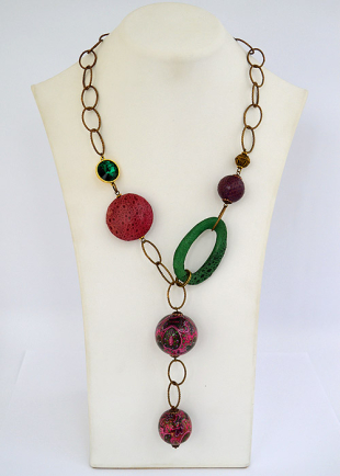 Necklace With Beads, Leather Elements, Swarovski Crystal, Copper Chain Dannyra Jewels