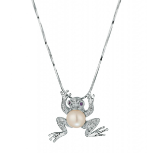 Silver necklace frog with natural white pearls and zircons IP1142W Swan