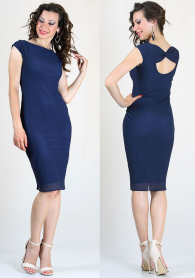 Dark blue lace pencil dress with ribbon on the back RUMENA