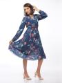 Women's dark blue floral dress with free silhouette 72009-419