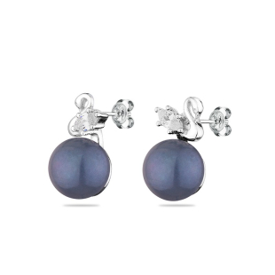 Silver Earrings with natural black pearls and zircons CAA088EB Swan