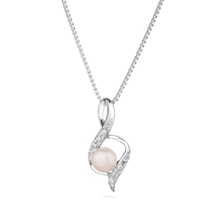 Silver necklace with natural white pearl and zirons SP0022W Swan