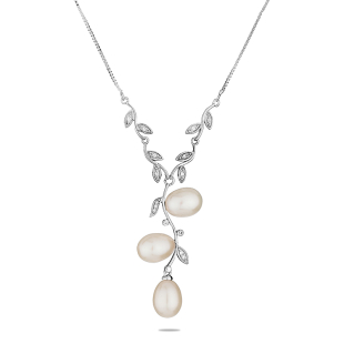 Silver necklace with freshwater white pearls and zirconium petals CAA001W Swan