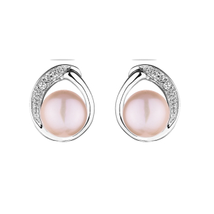 Silver earrings with freshwater pink pearls and zirconium SE0029P Swan