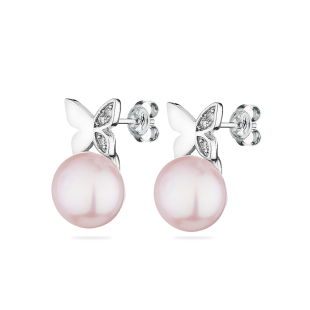 Silver Earrings with natural pink pearls and zircons CAA087ER Swan