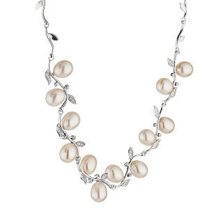 Silver necklace with freshwater white pearls and zirconium petals CAA003 Swan