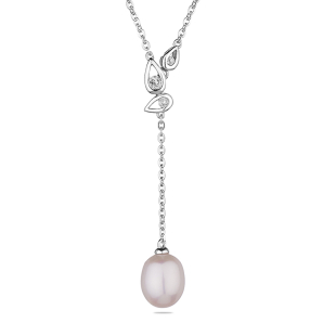 Silver necklace with natural white pearl and zircons CAA092NW Swan