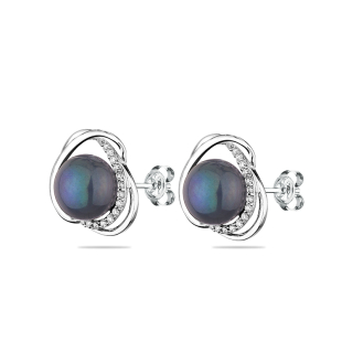 Silver Earrings with natural black pearls and zircons CAA063EB Swan