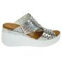 Women's silver leather sandals with perforation on white platforms