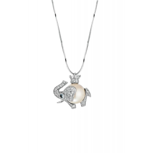 Silver necklace with natural white pearls and zircons Swan