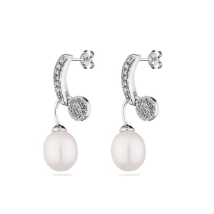 Silver Earrings with natural white pearls and zircons CAA083EW Swan