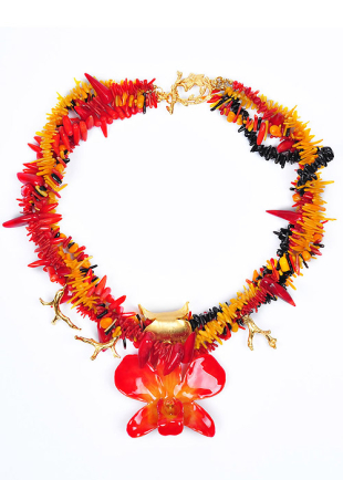 Колие с естествена орхидея, корали, коралови клончета Fire Corals  Dannyra Jewels