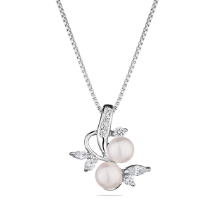 Silver women's necklace with freshwater white pearl and zircon stones SP0409W Swan