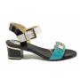 Women's anatomical sandals made of genuine leather in blue, black and white on low heel 21279