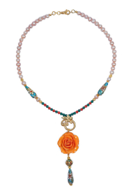 Orange Dream Necklace With Real Rose, Cloisonne Beads, Pearls and Swarovski Crystals Dannyra Jewels