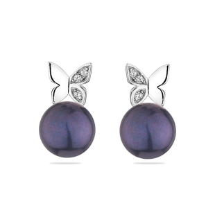 Silver Earrings with natural black pearls and zircons CAA087EB Swan