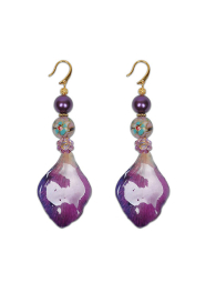 Cercei din petale de orhidee naturala, margele cloisonne si perle Swarovski si mallorca Marry Me With Purple Dannyra Jewels